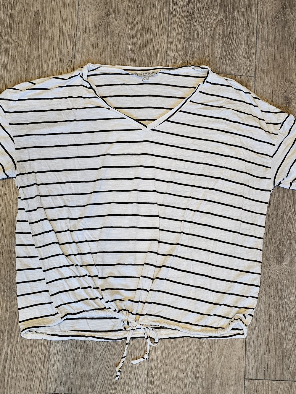 Green Envelope White V-Neck Short Sleeve Tee with Deep Plu Stripes and Front Tie